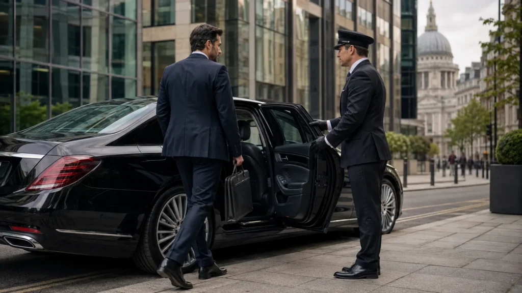 Business chauffeur assisting passenger into luxury car in London.