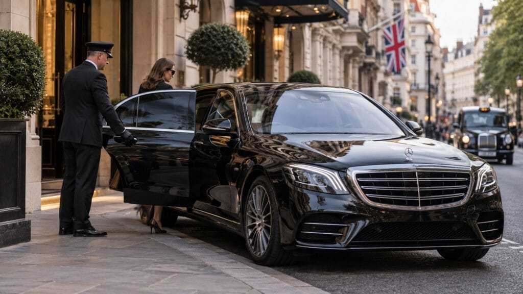 Private chauffeur opening a black Mercedes S-Class for a VIP passenger in London